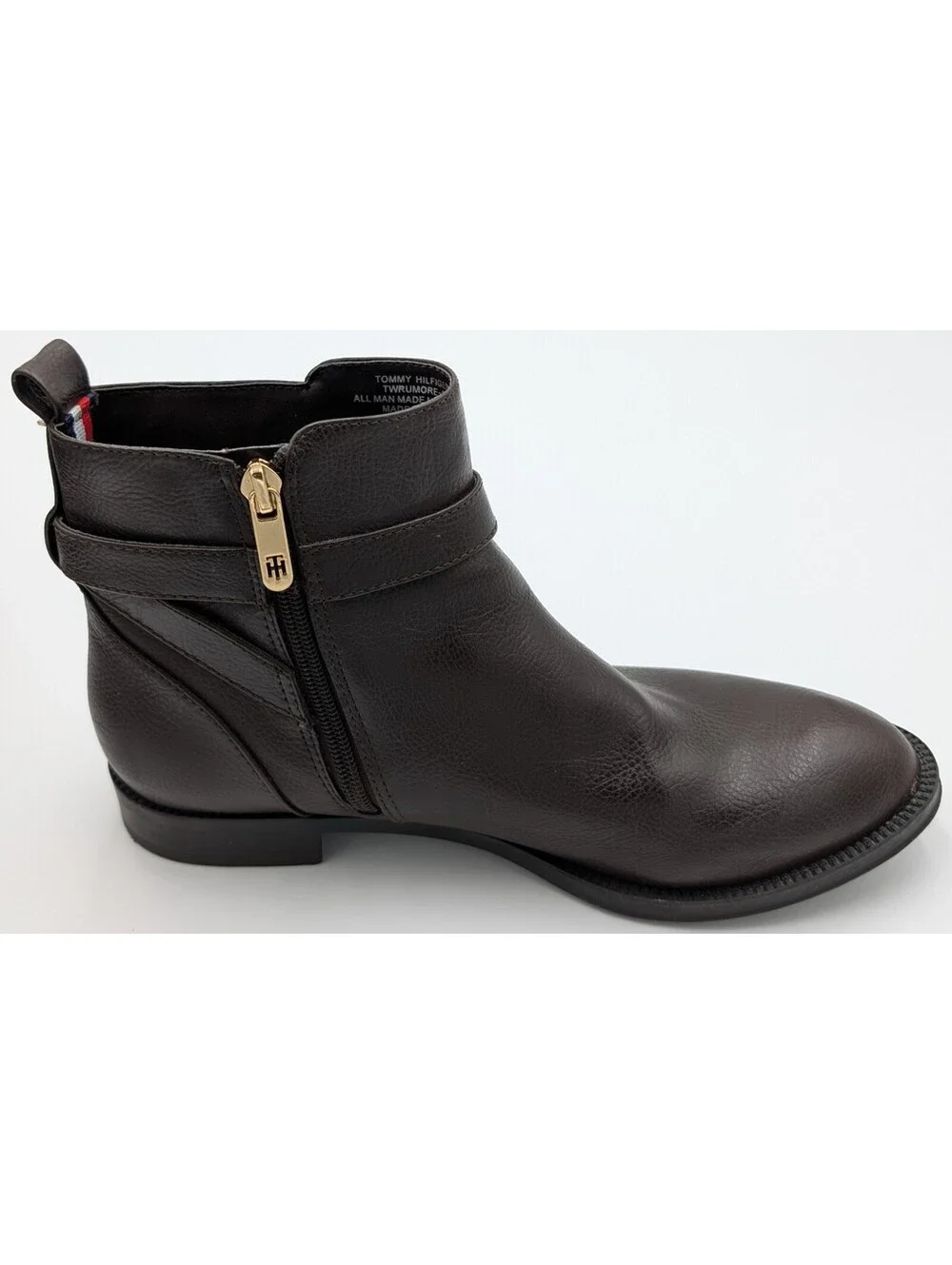 Tommy Hilfiger Women's Dark Brown Ankle Boots with Gold Logo Buckle and Side Zip